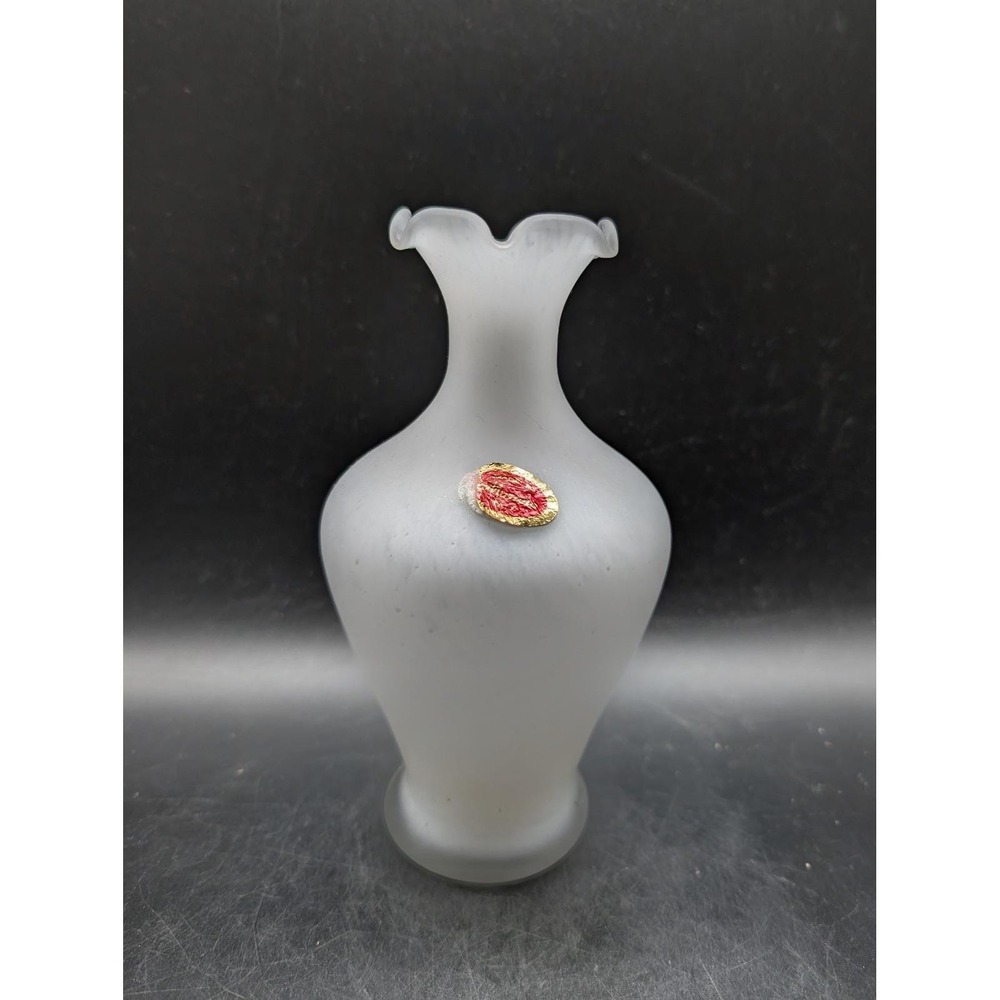 Vintage Murano Label Frosted White Satin Glass Vase Ruffled Rim Made in Italy 7"